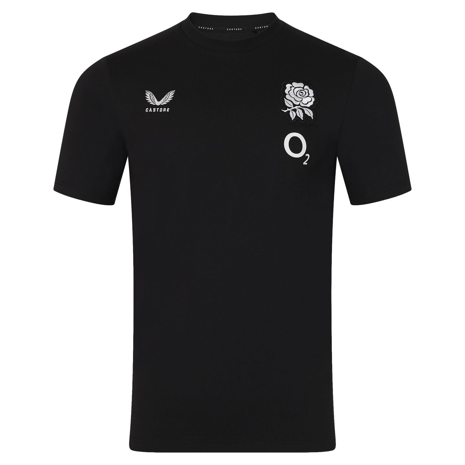 The England 26/27 Off-Pitch Tee by Castore is a black short-sleeve t-shirt with a white rose emblem, O2 sponsor logo, and Castore branding—ideal for any England Rugby supporter off the pitch.