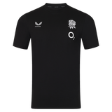 The England 26/27 Off-Pitch Tee by Castore is a black short-sleeve t-shirt with a white rose emblem, O2 sponsor logo, and Castore branding—ideal for any England Rugby supporter off the pitch.