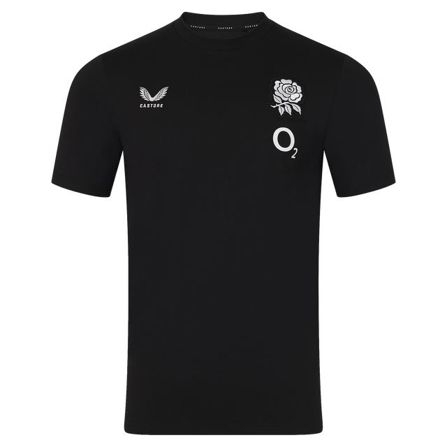 The England 26/27 Off-Pitch Tee by Castore is a black short-sleeve t-shirt with a white rose emblem, O2 sponsor logo, and Castore branding—ideal for any England Rugby supporter off the pitch.
