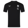 The England 26/27 Off-Pitch Tee by Castore is a black short-sleeve t-shirt with a white rose emblem, O2 sponsor logo, and Castore branding—ideal for any England Rugby supporter off the pitch.