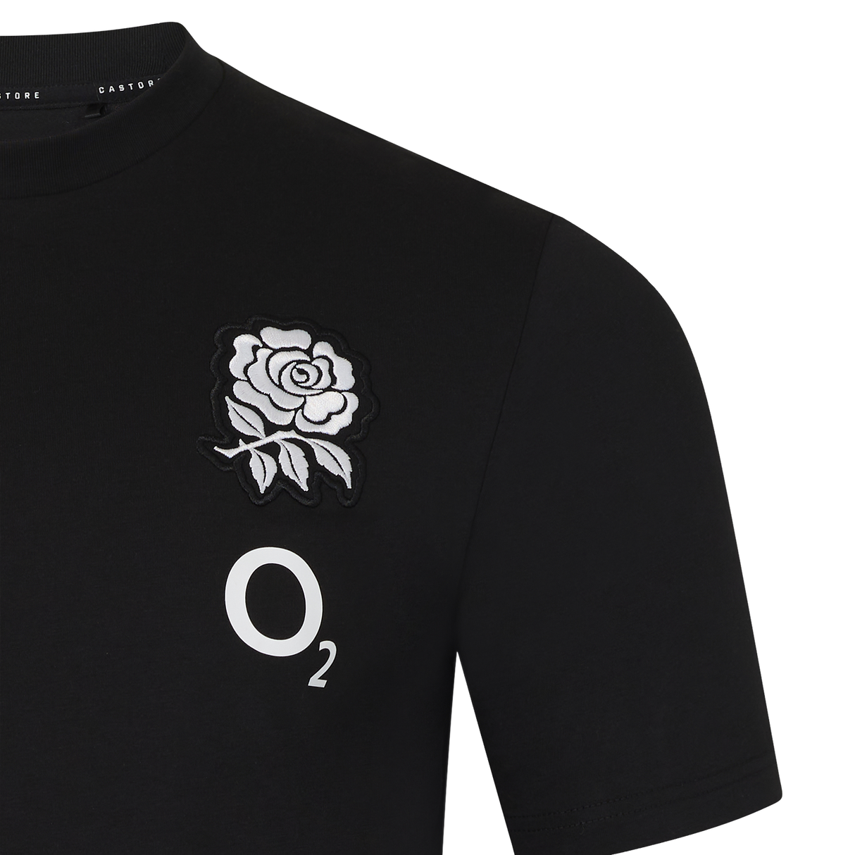 The England 26/27 Off-Pitch Tee by Castore is a black shirt with a white rose and "O₂" on the front, ideal for England Rugby fans.