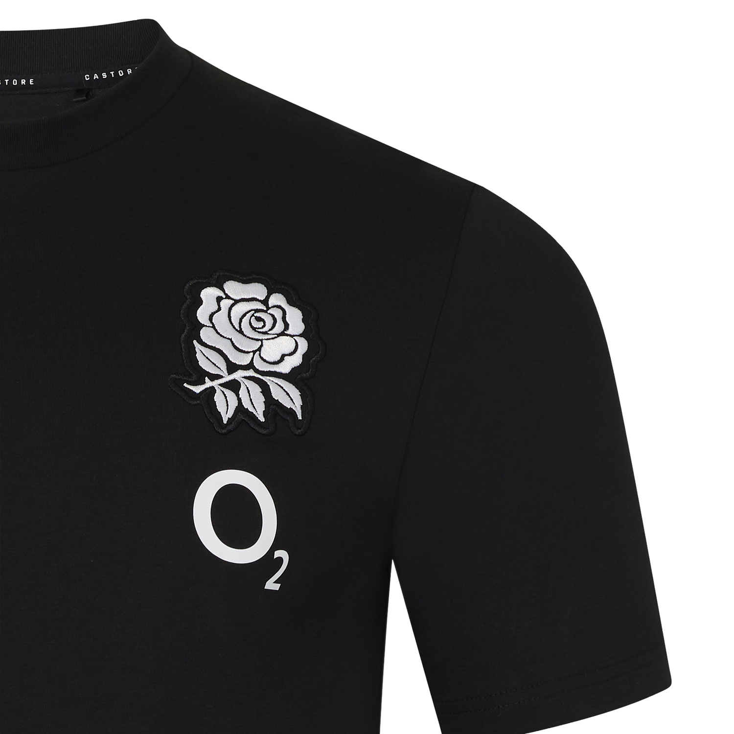 The England 26/27 Off-Pitch Tee by Castore is a black shirt with a white rose and "O₂" on the front, ideal for England Rugby fans.