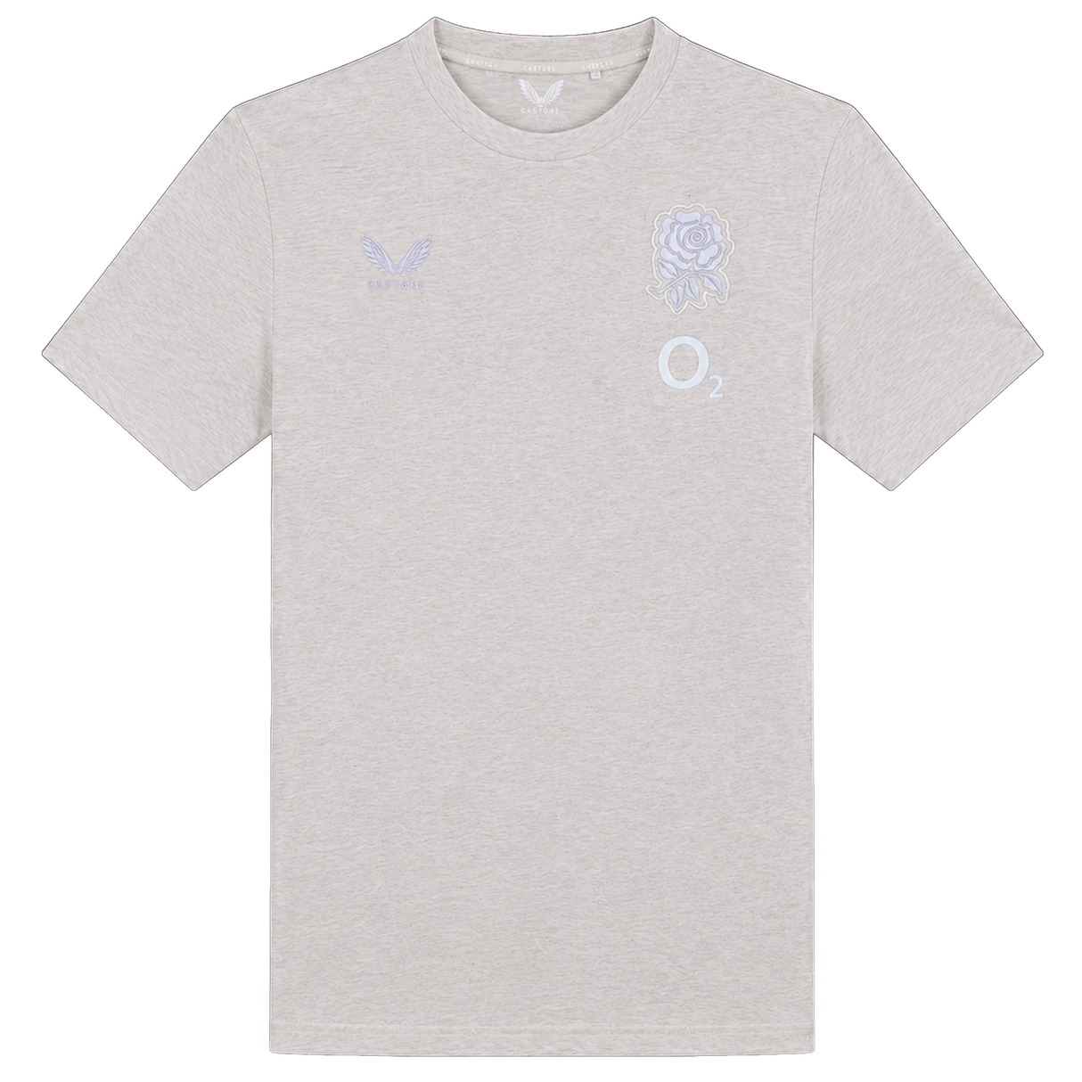 Light grey short-sleeve England 26/27 Off-Pitch Tee by Castore with the iconic rose emblem and Castore branding—ideal for any rugby supporter off the pitch.