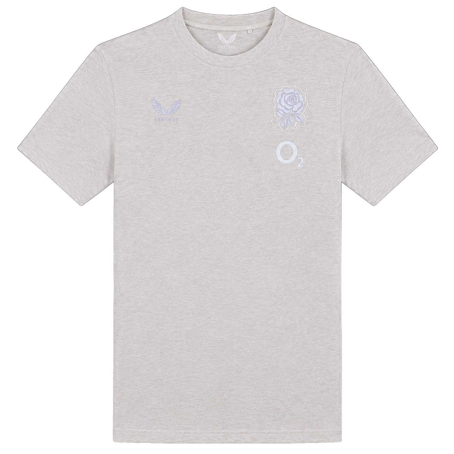 Light grey short-sleeve England 26/27 Off-Pitch Tee by Castore with the iconic rose emblem and Castore branding—ideal for any rugby supporter off the pitch.