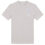 Light grey short-sleeve England 26/27 Off-Pitch Tee by Castore with the iconic rose emblem and Castore branding—ideal for any rugby supporter off the pitch.