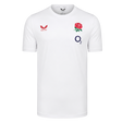 The England 26/27 Off-Pitch Tee by Castore features short sleeves, the iconic England rugby rose crest, O2 sponsor logo, and Castore branding—perfect for fans wanting an official off-pitch look.
