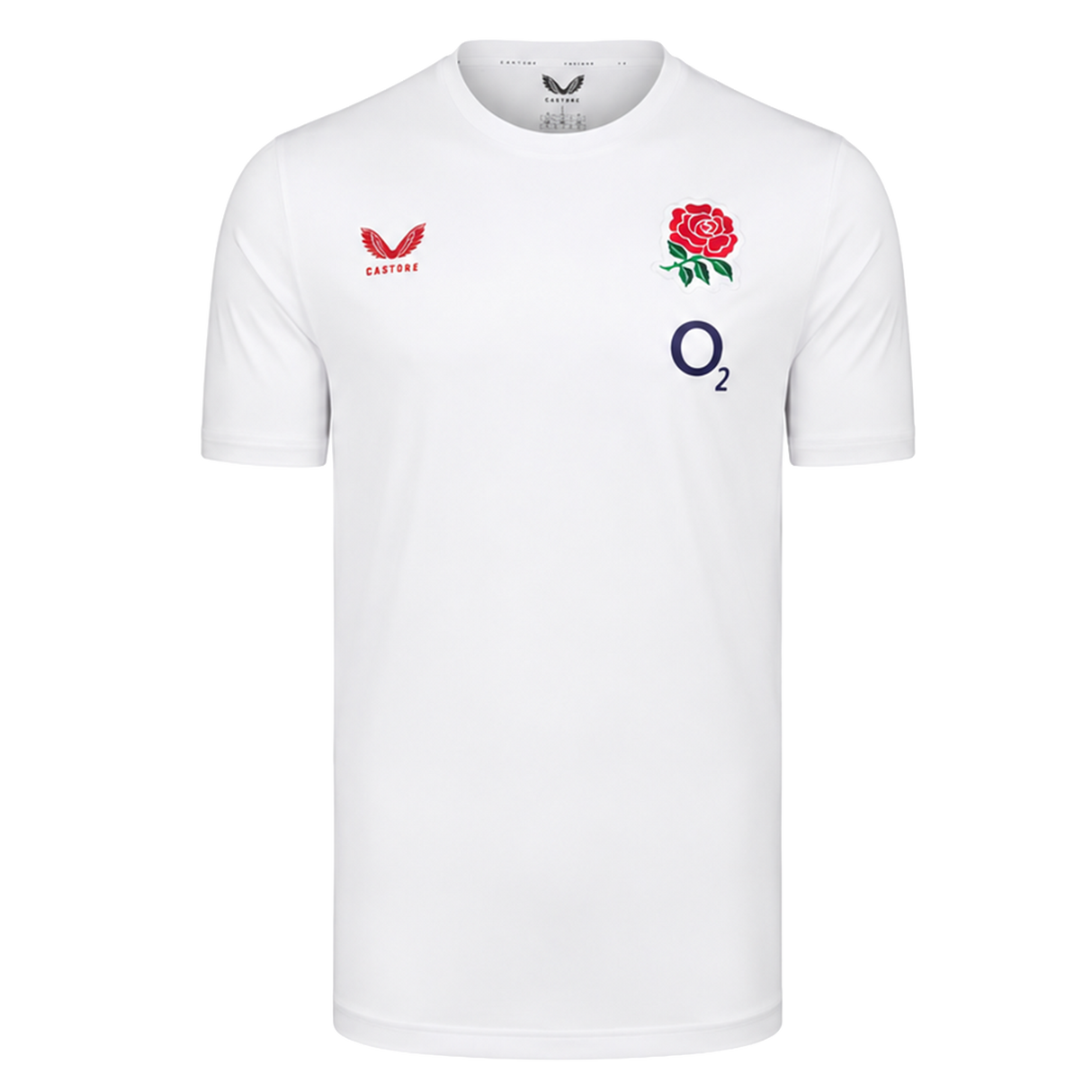 The England 26/27 Off-Pitch Tee by Castore features short sleeves, the iconic England rugby rose crest, O2 sponsor logo, and Castore branding—perfect for fans wanting an official off-pitch look.