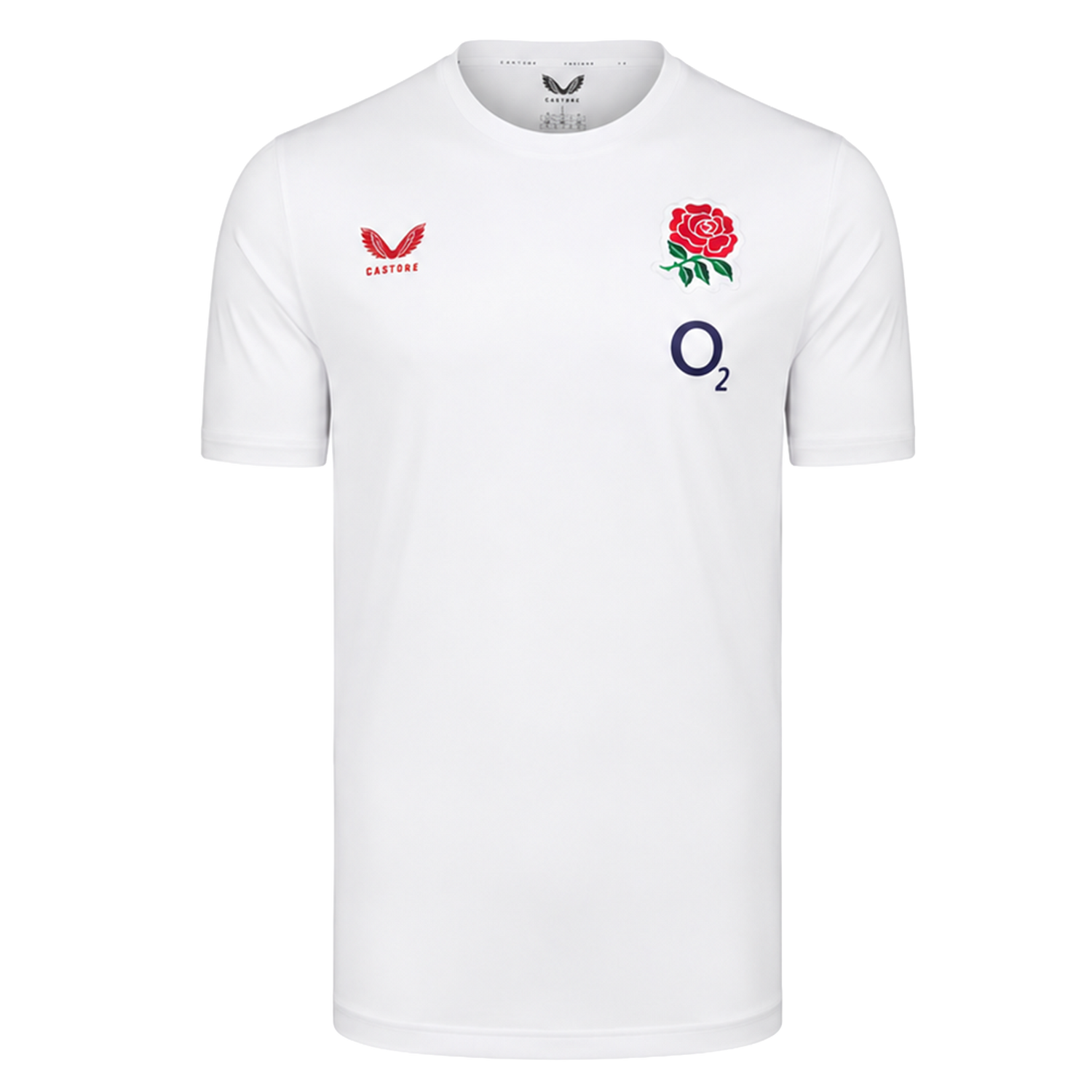 The England 26/27 Off-Pitch Tee by Castore features short sleeves, the iconic England rugby rose crest, O2 sponsor logo, and Castore branding—perfect for fans wanting an official off-pitch look.
