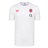 The England 26/27 Off-Pitch Tee by Castore features short sleeves, the iconic England rugby rose crest, O2 sponsor logo, and Castore branding—perfect for fans wanting an official off-pitch look.