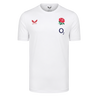 The England 26/27 Off-Pitch Tee by Castore features short sleeves, the iconic England rugby rose crest, O2 sponsor logo, and Castore branding—perfect for fans wanting an official off-pitch look.