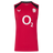 The Castore England 26/27 Performance Training Singlet is red with black shoulders, featuring a white "O2" logo and rose emblem. Made with moisture-wicking fabric for comfort during every workout.