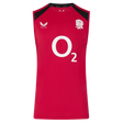 The Castore England 26/27 Performance Training Singlet is red with black shoulders, featuring a white "O2" logo and rose emblem. Made with moisture-wicking fabric for comfort during every workout.
