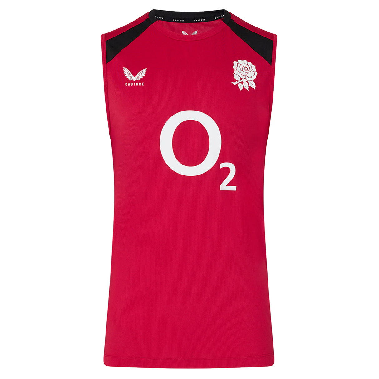 The Castore England 26/27 Performance Training Singlet is red with black shoulders, featuring a white "O2" logo and rose emblem. Made with moisture-wicking fabric for comfort during every workout.