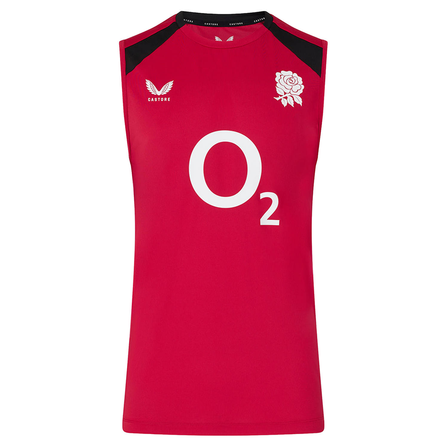 The Castore England 26/27 Performance Training Singlet is red with black shoulders, featuring a white "O2" logo and rose emblem. Made with moisture-wicking fabric for comfort during every workout.