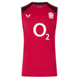 The Castore England 26/27 Performance Training Singlet is red with black shoulders, featuring a white "O2" logo and rose emblem. Made with moisture-wicking fabric for comfort during every workout.