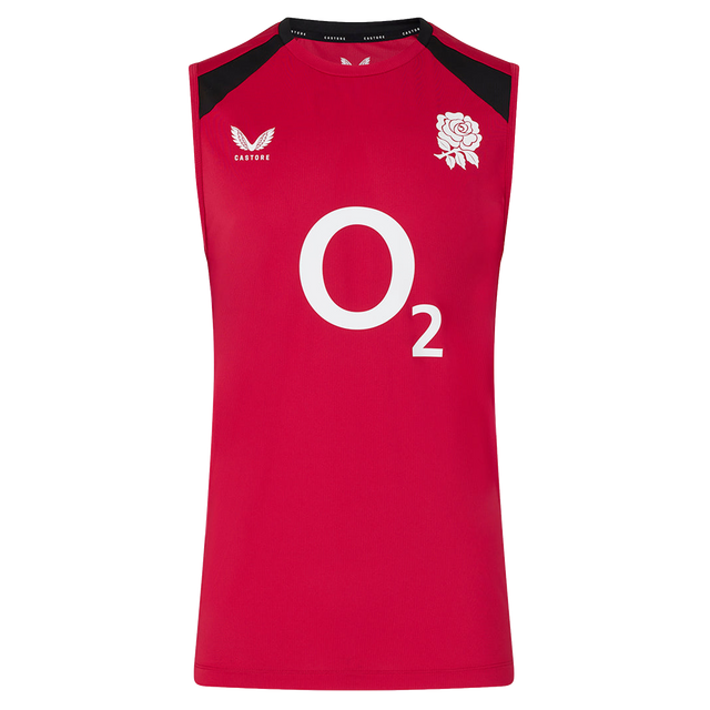 The Castore England 26/27 Performance Training Singlet is red with black shoulders, featuring a white "O2" logo and rose emblem. Made with moisture-wicking fabric for comfort during every workout.