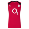 The Castore England 26/27 Performance Training Singlet is red with black shoulders, featuring a white "O2" logo and rose emblem. Made with moisture-wicking fabric for comfort during every workout.