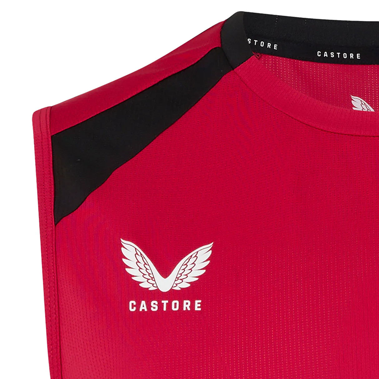 A close-up of the England 26/27 Performance Training Singlet by Castore, featuring black shoulder trim, moisture-wicking fabric, and the signature wings logo printed on the chest.