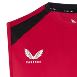 A close-up of the England 26/27 Performance Training Singlet by Castore, featuring black shoulder trim, moisture-wicking fabric, and the signature wings logo printed on the chest.