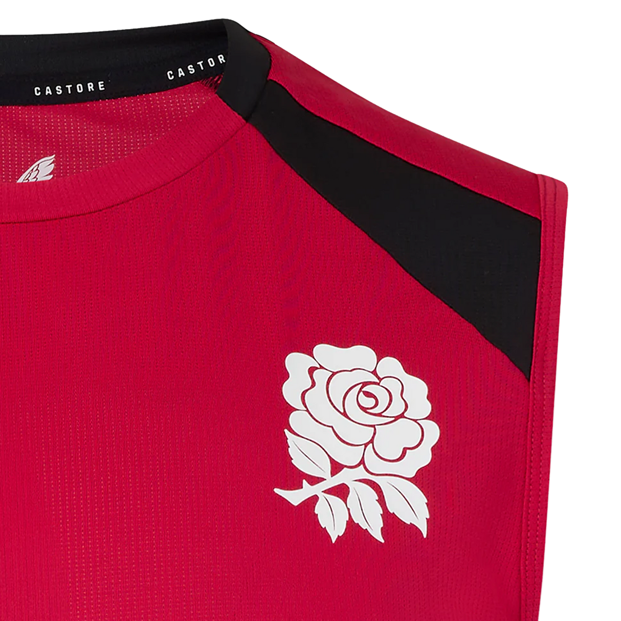 A close-up of the England 26/27 Performance Training Singlet by Castore, a sleeveless red jersey featuring a white rose emblem, black shoulder detail, and the Castore brand name on the inside collar.