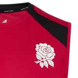 A close-up of the England 26/27 Performance Training Singlet by Castore, a sleeveless red jersey featuring a white rose emblem, black shoulder detail, and the Castore brand name on the inside collar.