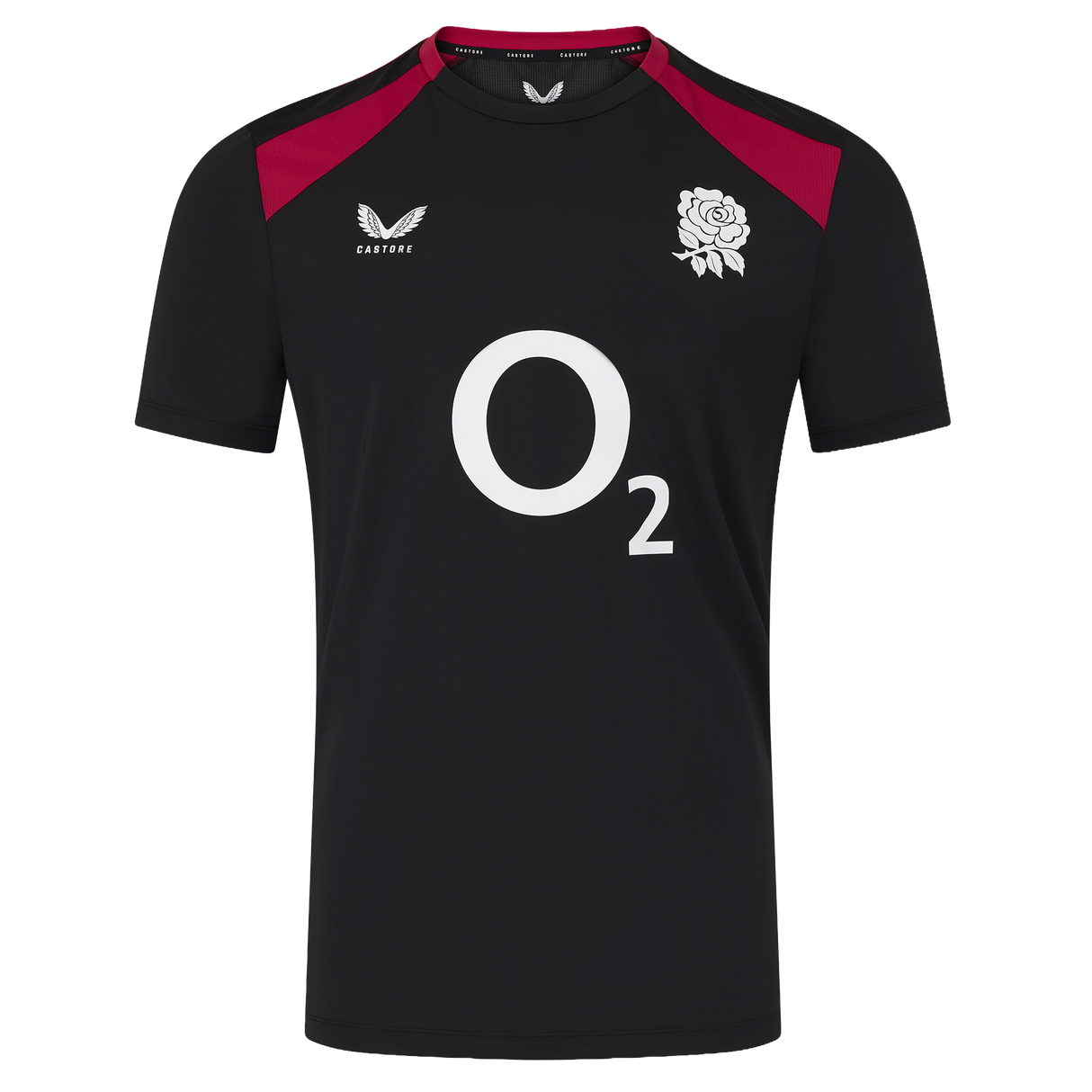 The England 26/27 Performance Training Tee by Castore features black short sleeves, red shoulder panels, a white "O2" sponsor logo, the rugby rose emblem, Castore branding, and moisture-wicking tech for comfort.