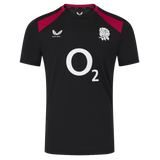 The England 26/27 Performance Training Tee by Castore features black short sleeves, red shoulder panels, a white "O2" sponsor logo, the rugby rose emblem, Castore branding, and moisture-wicking tech for comfort.
