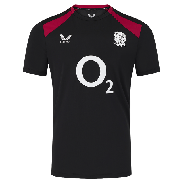 The England 26/27 Performance Training Tee by Castore features black short sleeves, red shoulder panels, a white "O2" sponsor logo, the rugby rose emblem, Castore branding, and moisture-wicking tech for comfort.