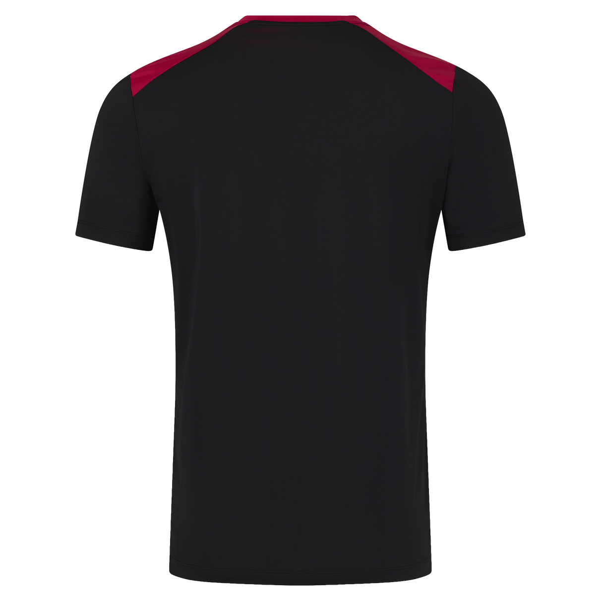 The England 26/27 Performance Training Tee by Castore is a black short-sleeve shirt with dark red shoulder panels and advanced moisture-wicking technology, shown from the back.