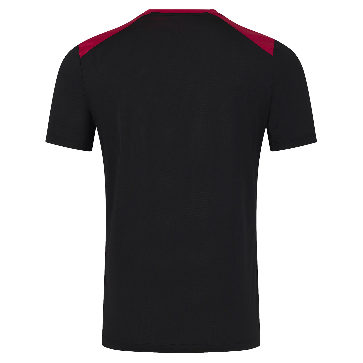 The England 26/27 Performance Training Tee by Castore is a black short-sleeve shirt with dark red shoulder panels and advanced moisture-wicking technology, shown from the back.