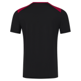 The England 26/27 Performance Training Tee by Castore is a black short-sleeve shirt with dark red shoulder panels and advanced moisture-wicking technology, shown from the back.