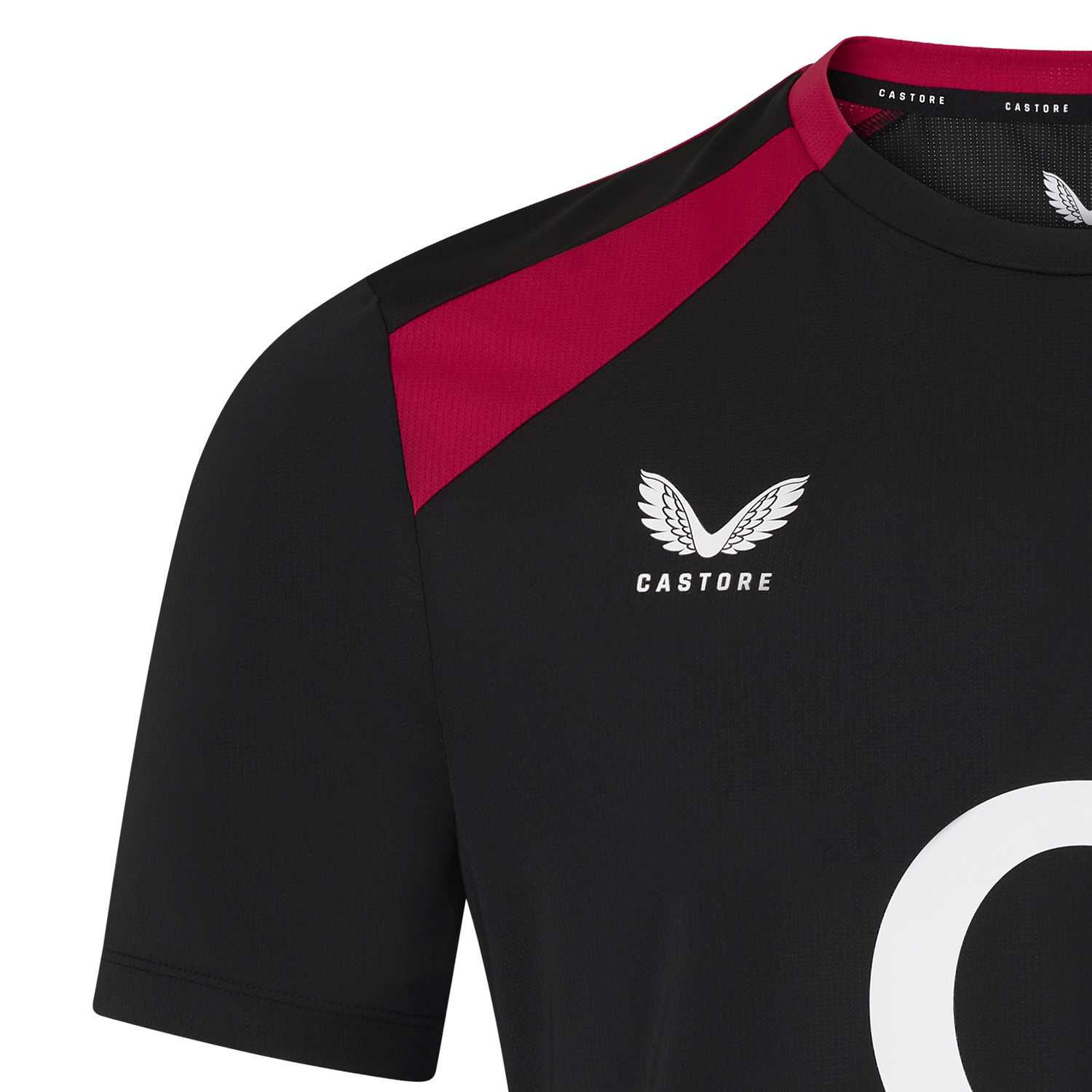 Close-up of the black England 26/27 Performance Training Tee by Castore, featuring red shoulder detail, Castore logo and brand name on the chest. Designed with moisture-wicking technology for comfort during intense sessions.