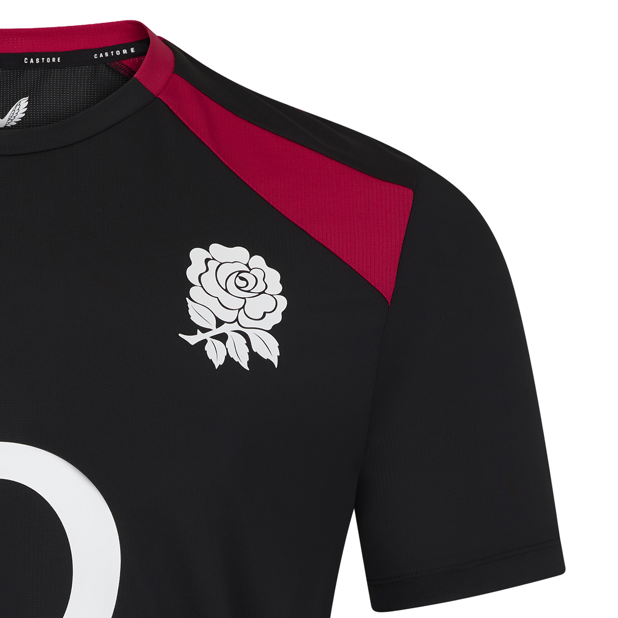 The England 26/27 Performance Training Tee by Castore is black with a white rose chest emblem, maroon shoulder detail, moisture-wicking tech, and features part of a large white number.