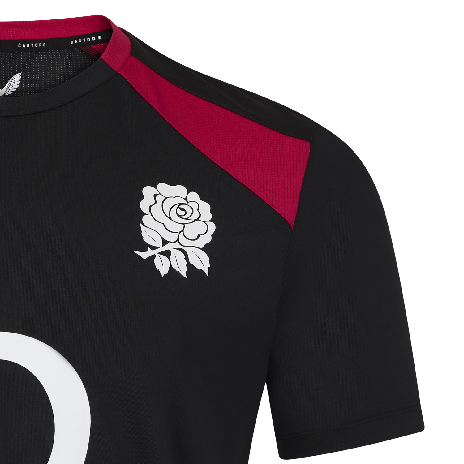 The England 26/27 Performance Training Tee by Castore is black with a white rose chest emblem, maroon shoulder detail, moisture-wicking tech, and features part of a large white number.