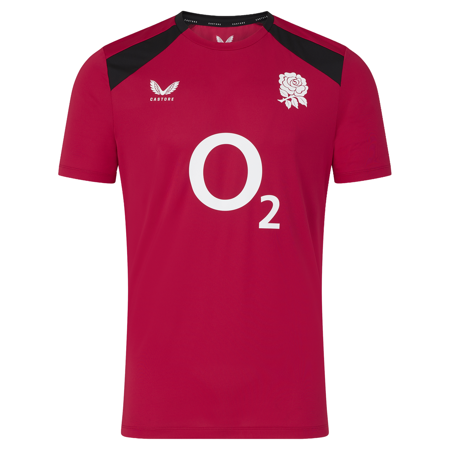 The England 26/27 Performance Training Tee by Castore features red short sleeves, black shoulder accents, a white O2 sponsor logo, moisture-wicking fabric, and the white rose England rugby emblem on the chest.