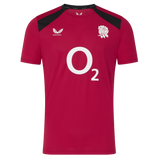 The England 26/27 Performance Training Tee by Castore features red short sleeves, black shoulder accents, a white O2 sponsor logo, moisture-wicking fabric, and the white rose England rugby emblem on the chest.