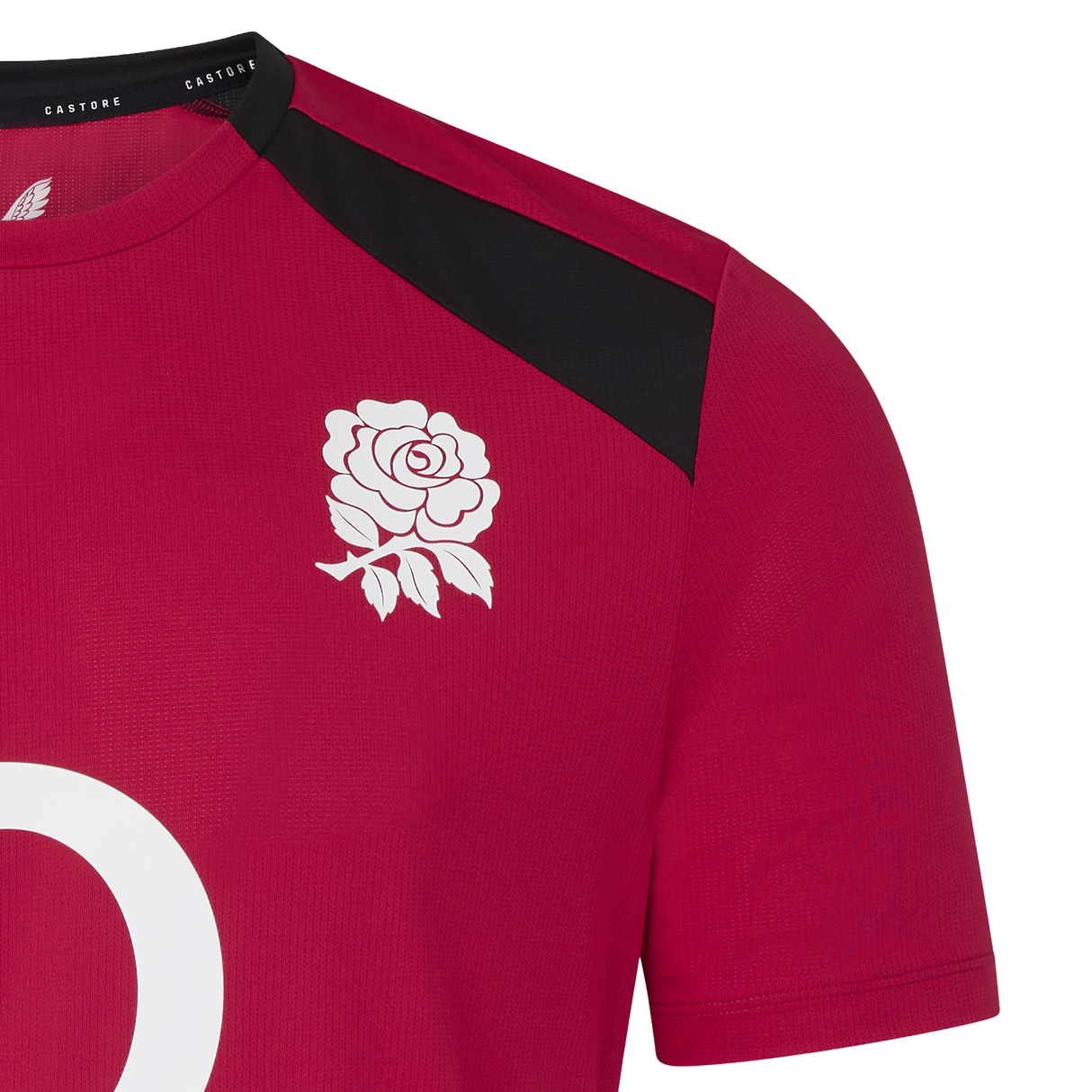 A close-up of the England 26/27 Performance Training Tee by Castore, a red jersey with a white rose emblem on the chest, black shoulder accents, and advanced moisture-wicking technology.