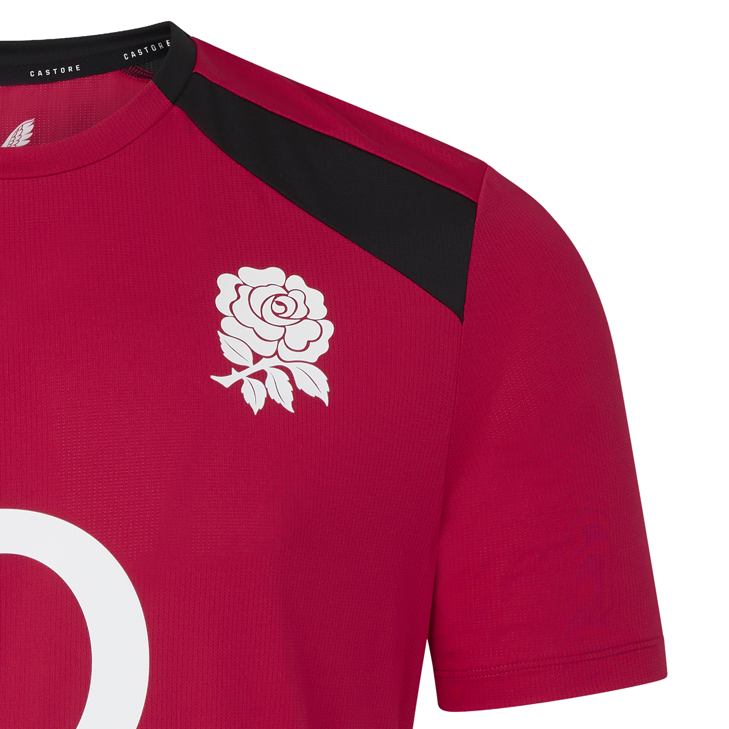 A close-up of the England 26/27 Performance Training Tee by Castore, a red jersey with a white rose emblem on the chest, black shoulder accents, and advanced moisture-wicking technology.