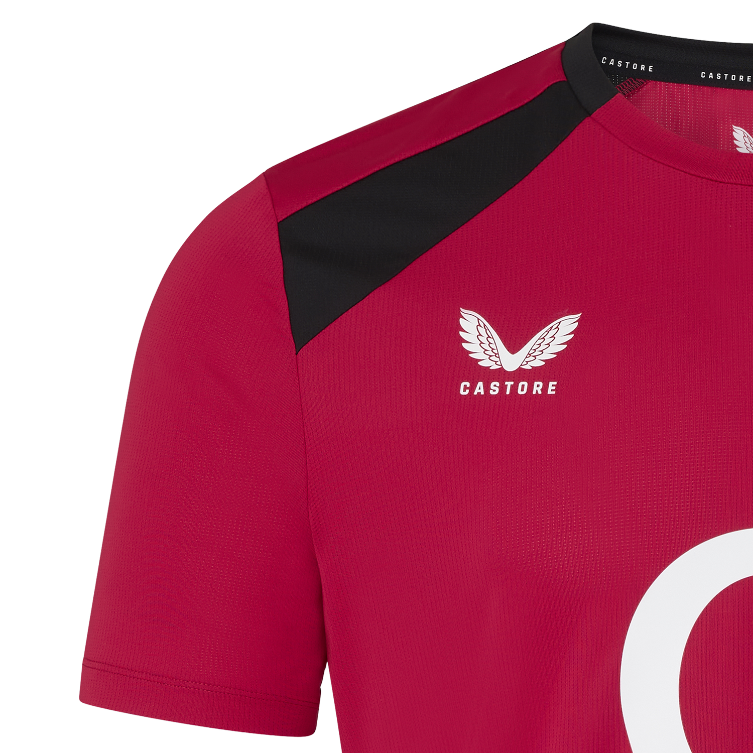 Close-up of the red England 26/27 Performance Training Tee by Castore, showing black shoulder detail, white Castore logo, partial number/logo beneath, and crafted with moisture-wicking technology.
