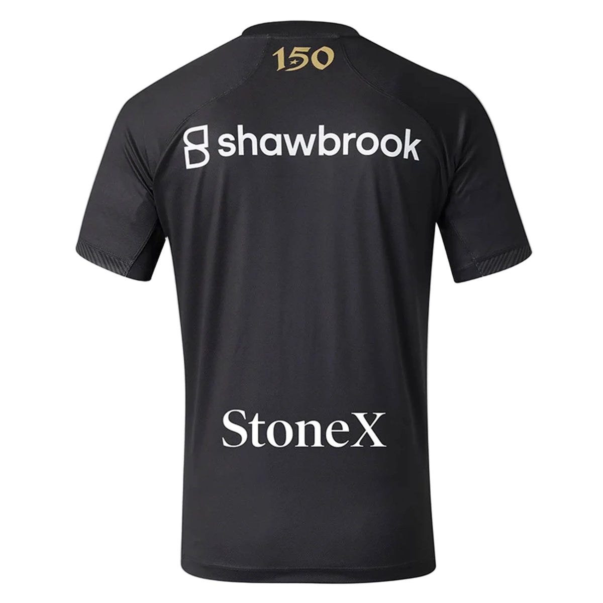 A black short-sleeve Saracens 26/27 Replica Home Jersey by Castore, part of the official home shirt collection, features “shawbrook” and “StoneX” logos on the back and a bold gold “150” at the top.