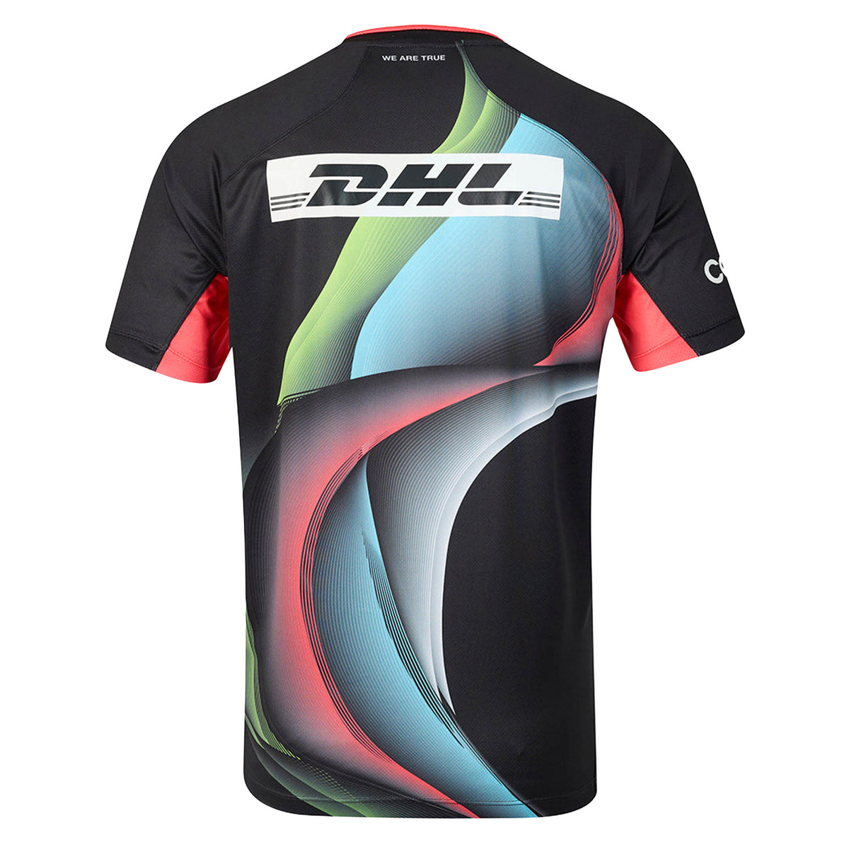 Back view of the Harlequins 26/27 Replica Third Jersey by Castore—a short-sleeve black shirt featuring colorful abstract patterns, red sleeve edges, and a bold DHL logo across the upper back. This striking Castore design captures the vibrant spirit of Harlequins, making it a standout choice for any fan.