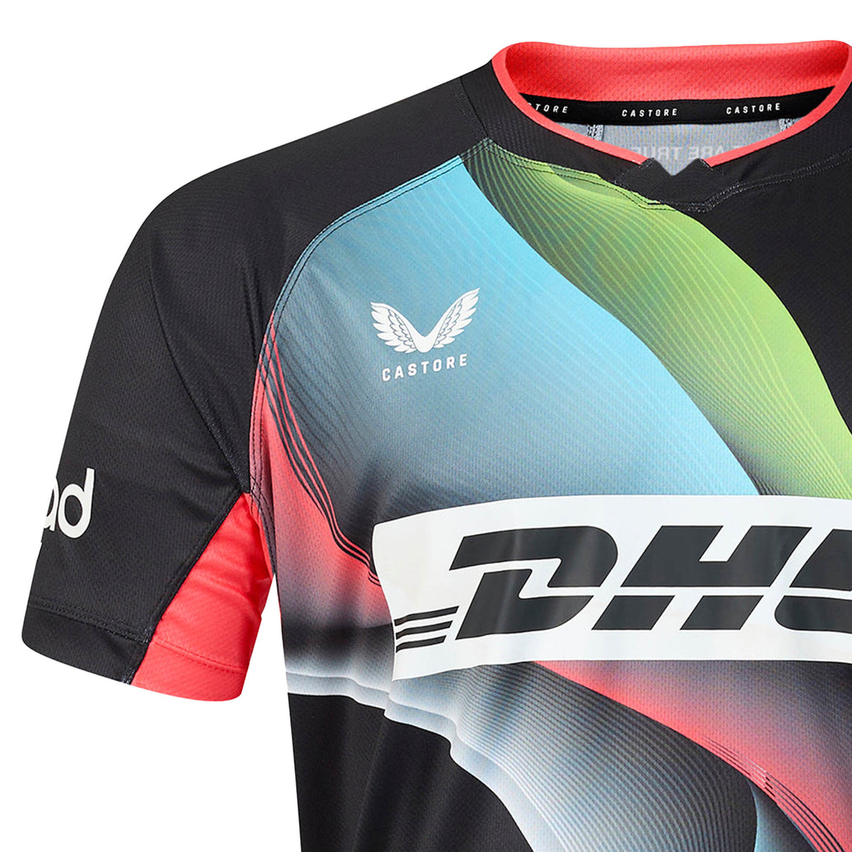 Show your support in style with the Harlequins 26/27 Replica Third Jersey by Castore—featuring a black base, multicolored abstract design, iconic Castore chest logo, striking DHL front logo, and bold red accents on the sleeves and collar. Inspired by the legendary Big Game 18 Shirt.