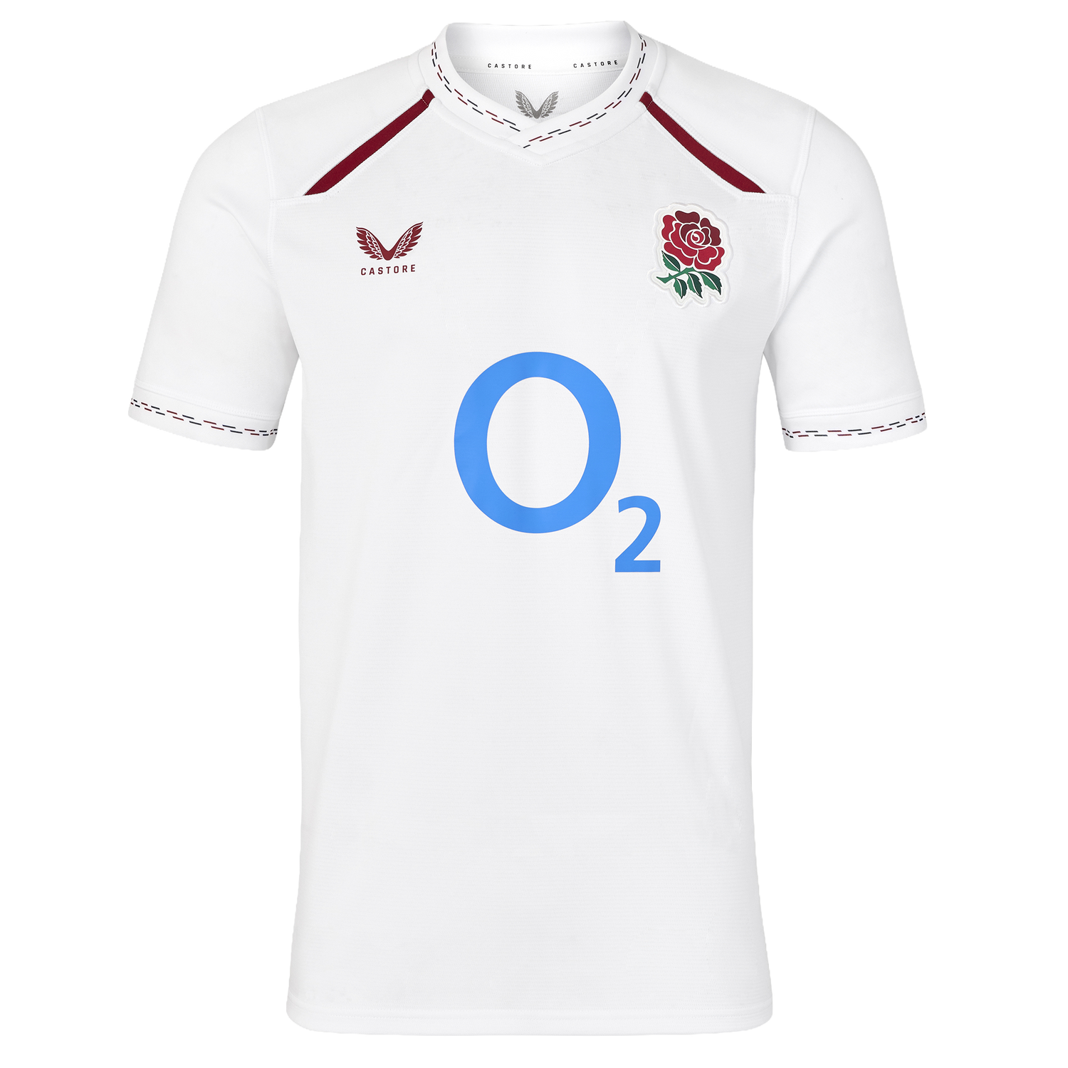 Wear your pride with the England 26/27 Replica Home Jersey by Castore—an official England Rugby jersey featuring a crisp white short-sleeve design, the iconic red rose crest, bold blue “O2” sponsor logo, and striking maroon accents on the collar and shoulders.