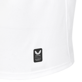 Close-up of the lower portion of a white England 26/27 Replica Home Jersey by Castore, featuring a black rectangular Castore logo tag with “AUTHENTIC PRODUCT” text.