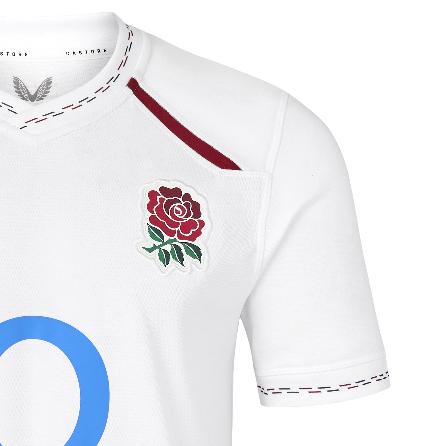 England 26/27 Replica Home Jersey by Castore—this white athletic rugby jersey features the iconic red rose emblem on the chest, maroon stitching on the collar and sleeves, and a partially visible blue “O,” authentically crafted as an official replica home jersey by Castore.