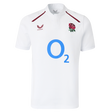 Show your support in style with the England 26/27 Classic Home Jersey by Castore, featuring a red rose emblem, blue O2 sponsor, Castore logo on the chest, and a button-up collar for a timeless look.