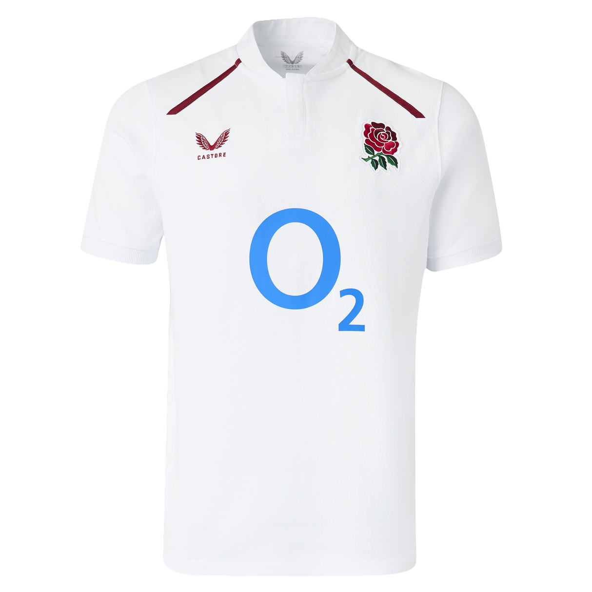Show your support in style with the England 26/27 Classic Home Jersey by Castore, featuring a red rose emblem, blue O2 sponsor, Castore logo on the chest, and a button-up collar for a timeless look.