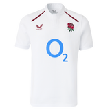 Show your support in style with the England 26/27 Classic Home Jersey by Castore, featuring a red rose emblem, blue O2 sponsor, Castore logo on the chest, and a button-up collar for a timeless look.