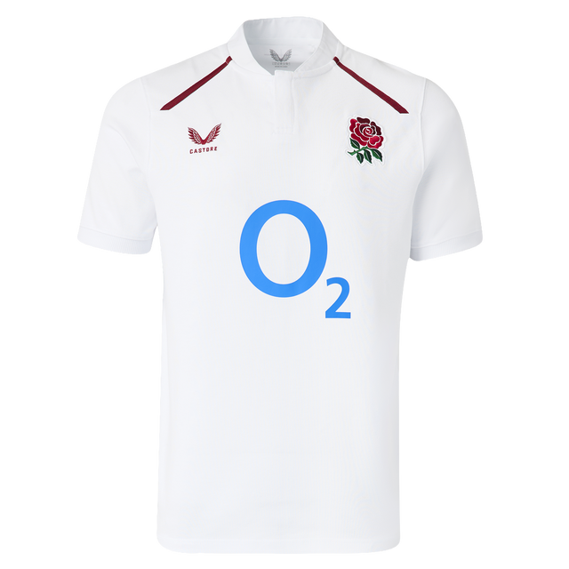 Show your support in style with the England 26/27 Classic Home Jersey by Castore, featuring a red rose emblem, blue O2 sponsor, Castore logo on the chest, and a button-up collar for a timeless look.