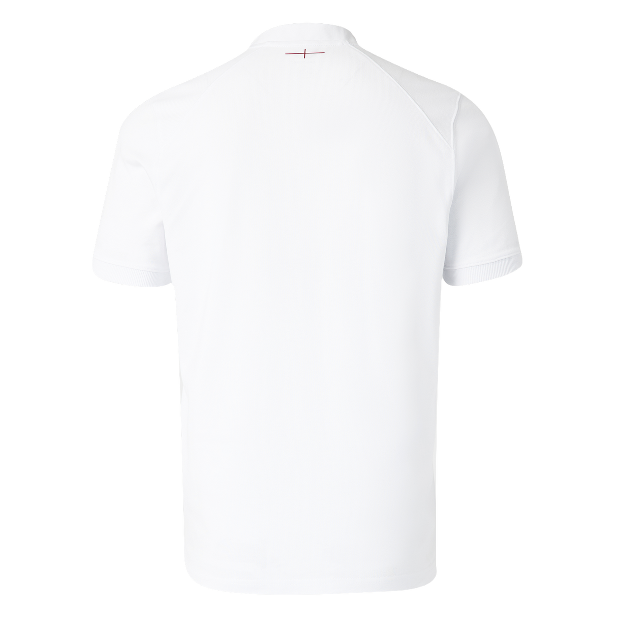 Back view of the England 26/27 Classic Home Jersey by Castore—a plain white short-sleeve shirt with a small red cross near the collar, inspired by classic kits and shown against a white background.